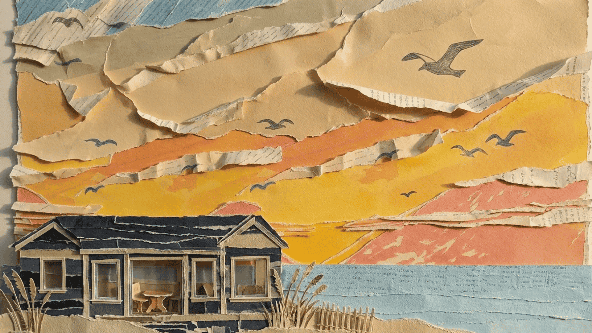 Layered torn paper collage of a coastal house with birds flying across a sunset sky.