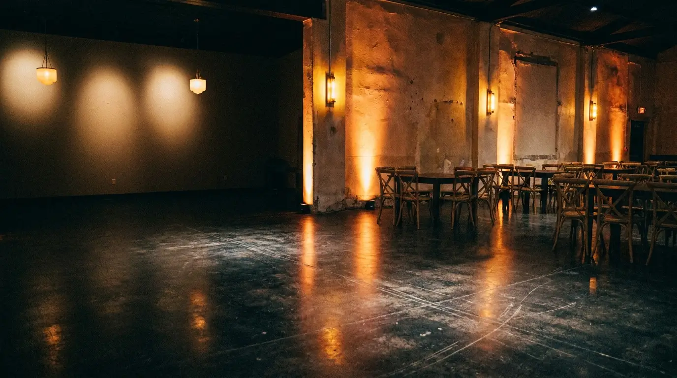 Dimly lit rustic event space with wooden tables and chairs, warm glowing wall sconces