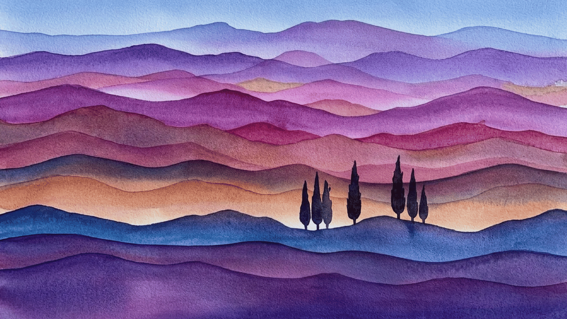 Layered watercolor mountain landscape in soft purple, pink, and blue tones with dark tree silhouettes.