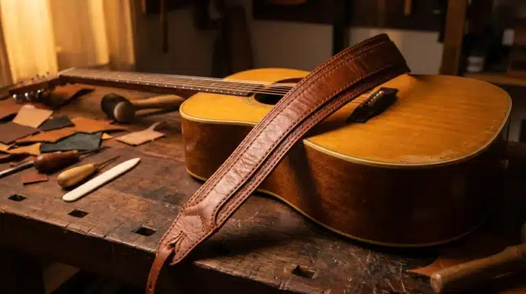 Guitar with leather strap on wooden workbench surrounded by crafting tools and materials