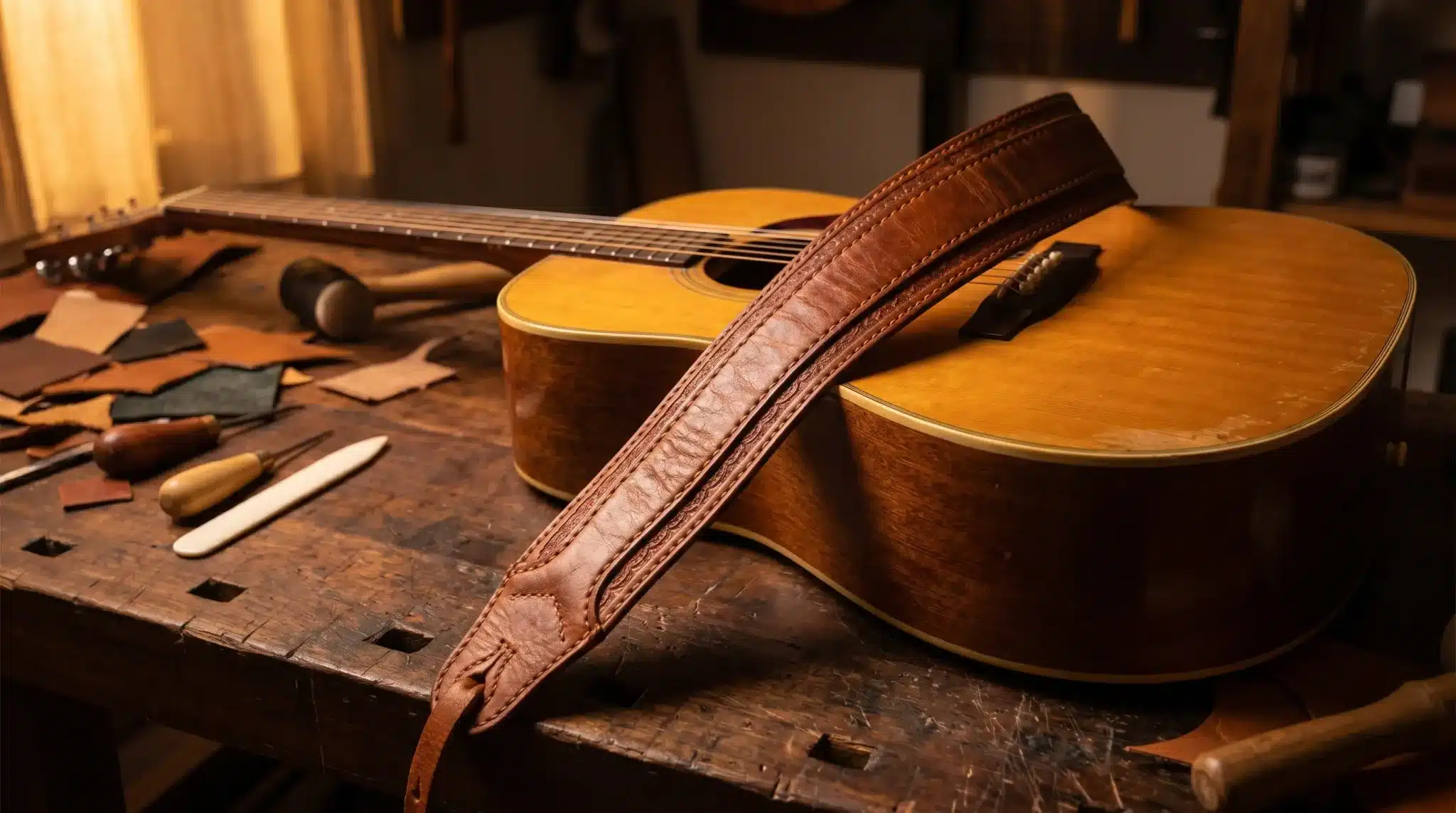 Guitar with leather strap on wooden workbench surrounded by crafting tools and materials