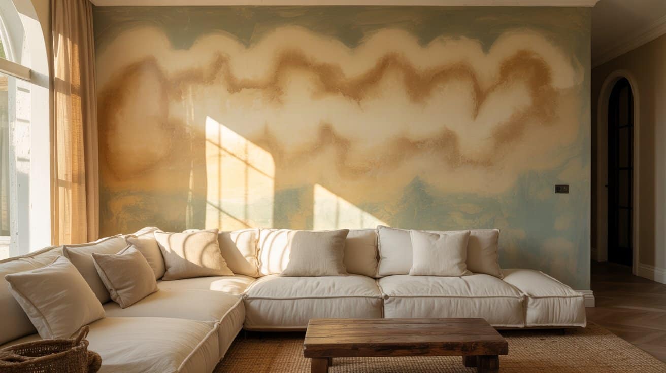 Living room featuring a textured limewash wall with cloudy, uneven plaster effect, warm natural light highlighting variations, and cozy furniture creating an inviting, artisanal interior.