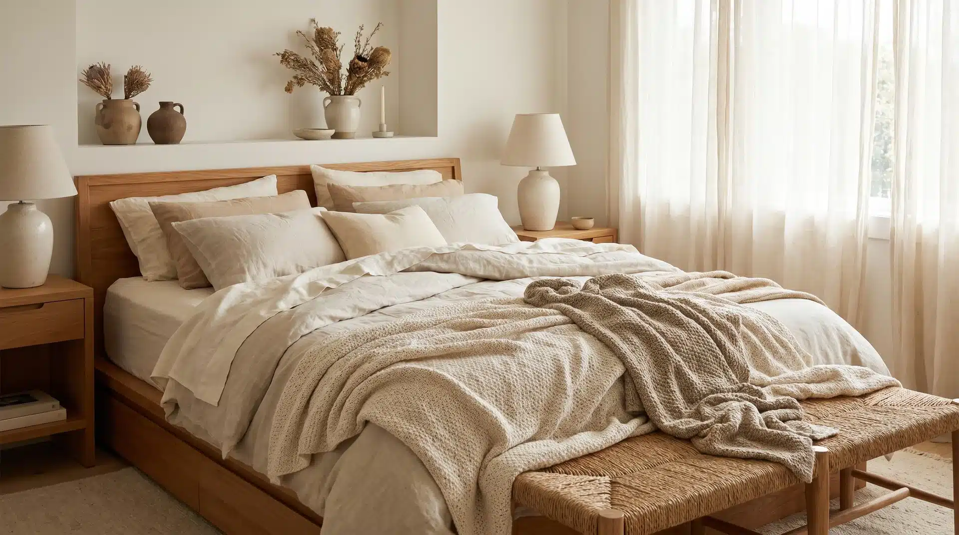 Cozy neutral bedroom featuring a low wooden platform bed with layered linen bedding in oat and cream tones, and warm bedside lamps.
