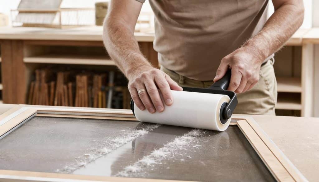 Person using lint roller to remove dust and debris from reusable air filter on workbench.