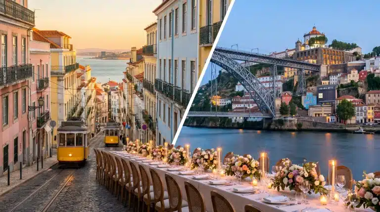 Historic tram on narrow Lisbon street and elegant riverside dinner setup in Porto at dusk