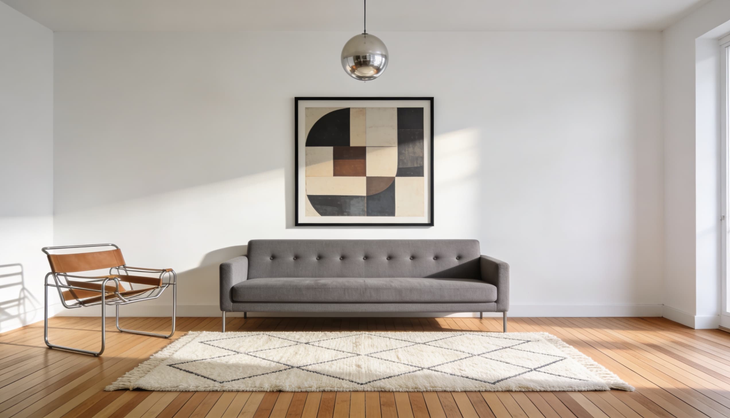 Minimalist Bauhaus living room with a gray sofa, tubular steel accent chair, geometric wall art, and a patterned area rug on hardwood floors.