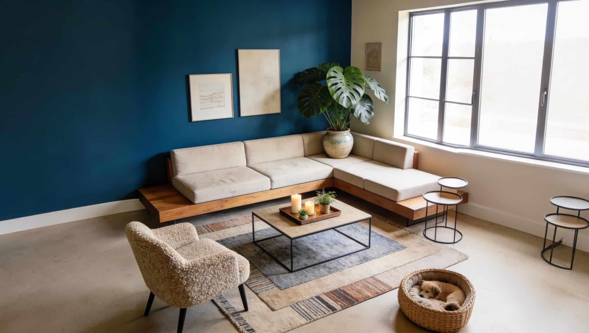 Modern living room with blue accent wall, low wooden sofa, boucle armchair, layered rugs, coffee table with tray, wicker pet bed, and a statement plant.