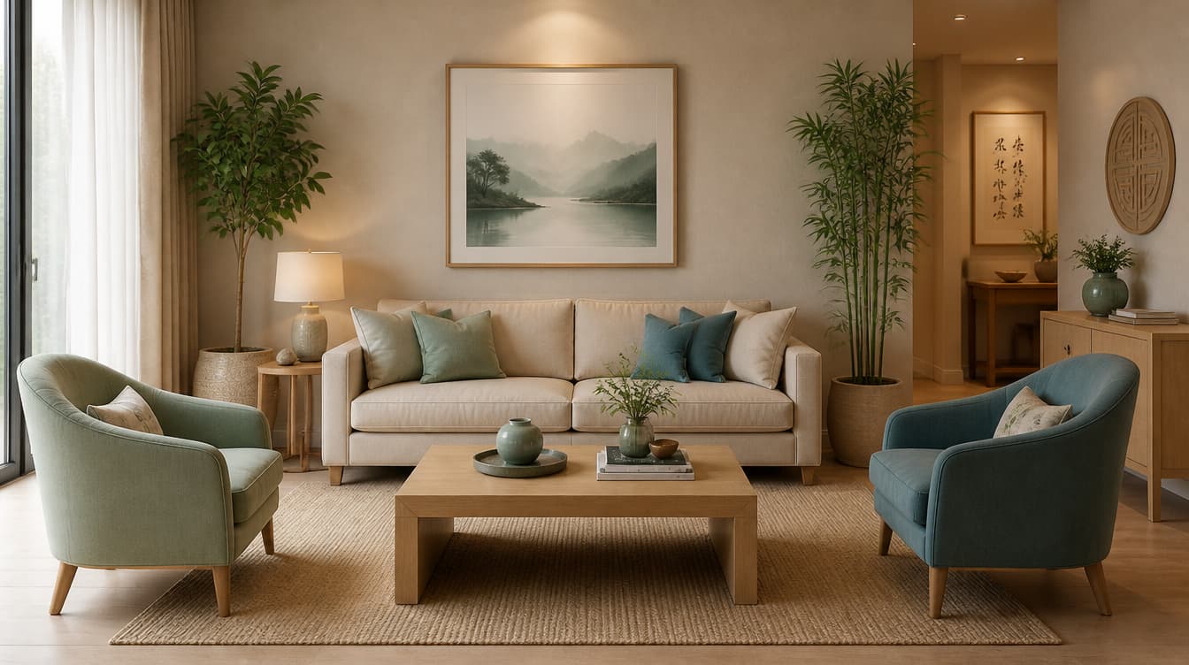 Cozy modern living room with neutral decor, blue accent chairs, soft lighting, and indoor plants.