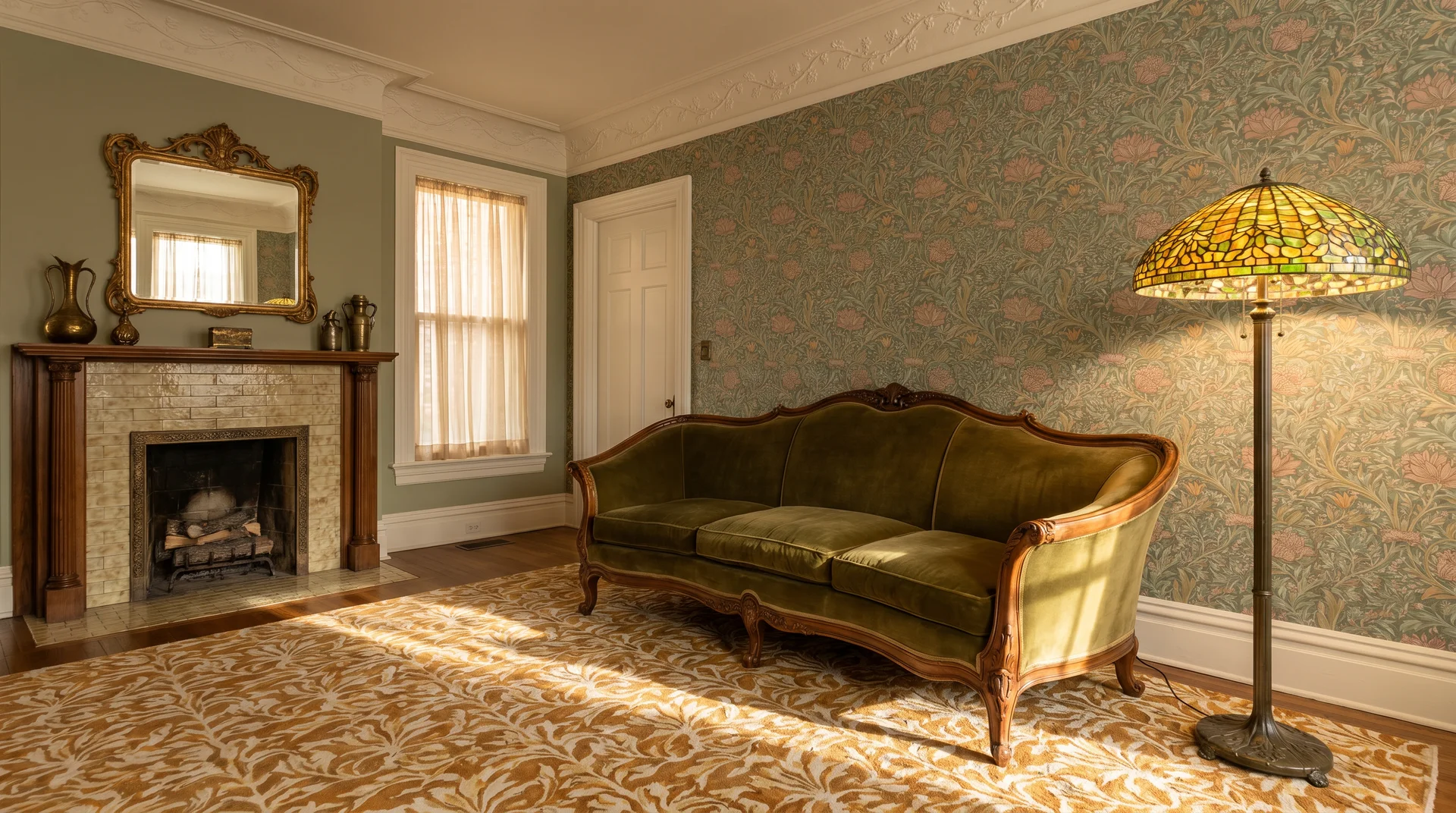 Art Nouveau living room with a curved velvet sofa, botanical wallpaper, a Tiffany-style floor lamp, and a fireplace.