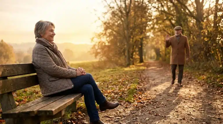 Woman sitting on park bench in autumn, man walking and waving on tree-lined path