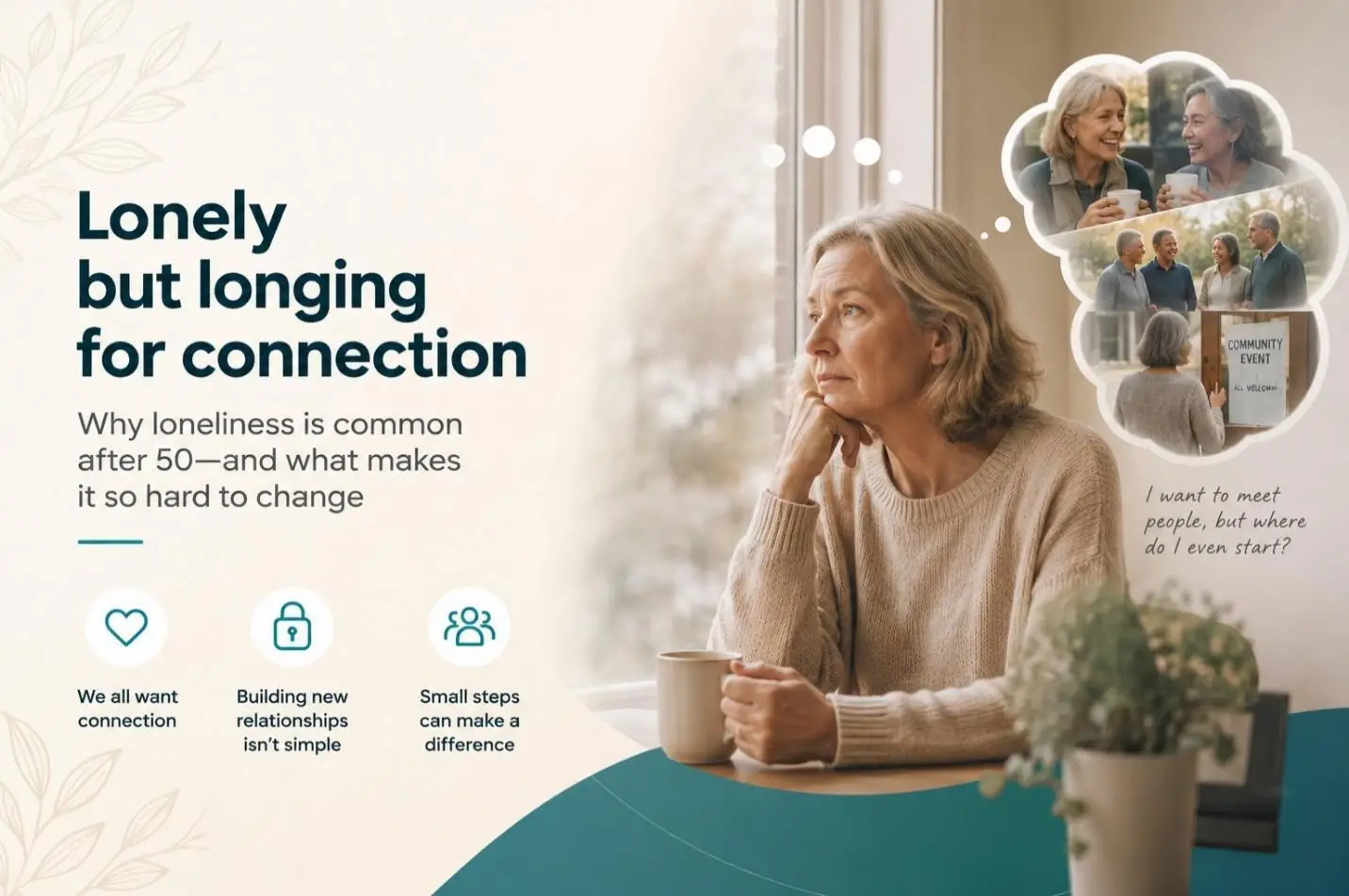 Older woman in cozy sweater holding coffee cup, gazing thoughtfully out window in warm-toned room