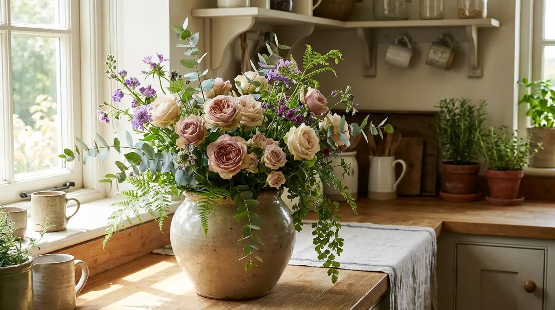 Loose garden-style flower arrangement with roses, wildflowers, and greenery in a rustic vase.
