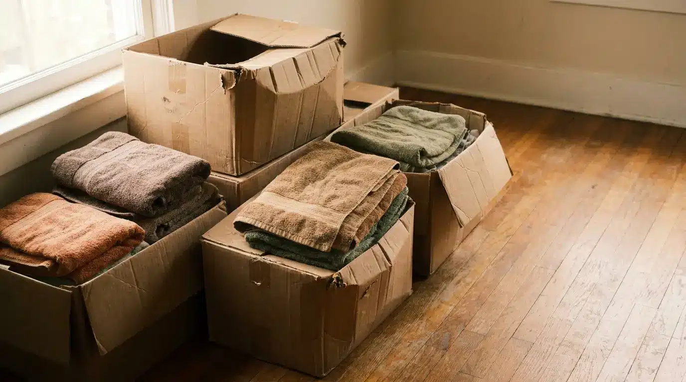 Moving boxes filled with folded towels on wooden floor near window in dimly lit room