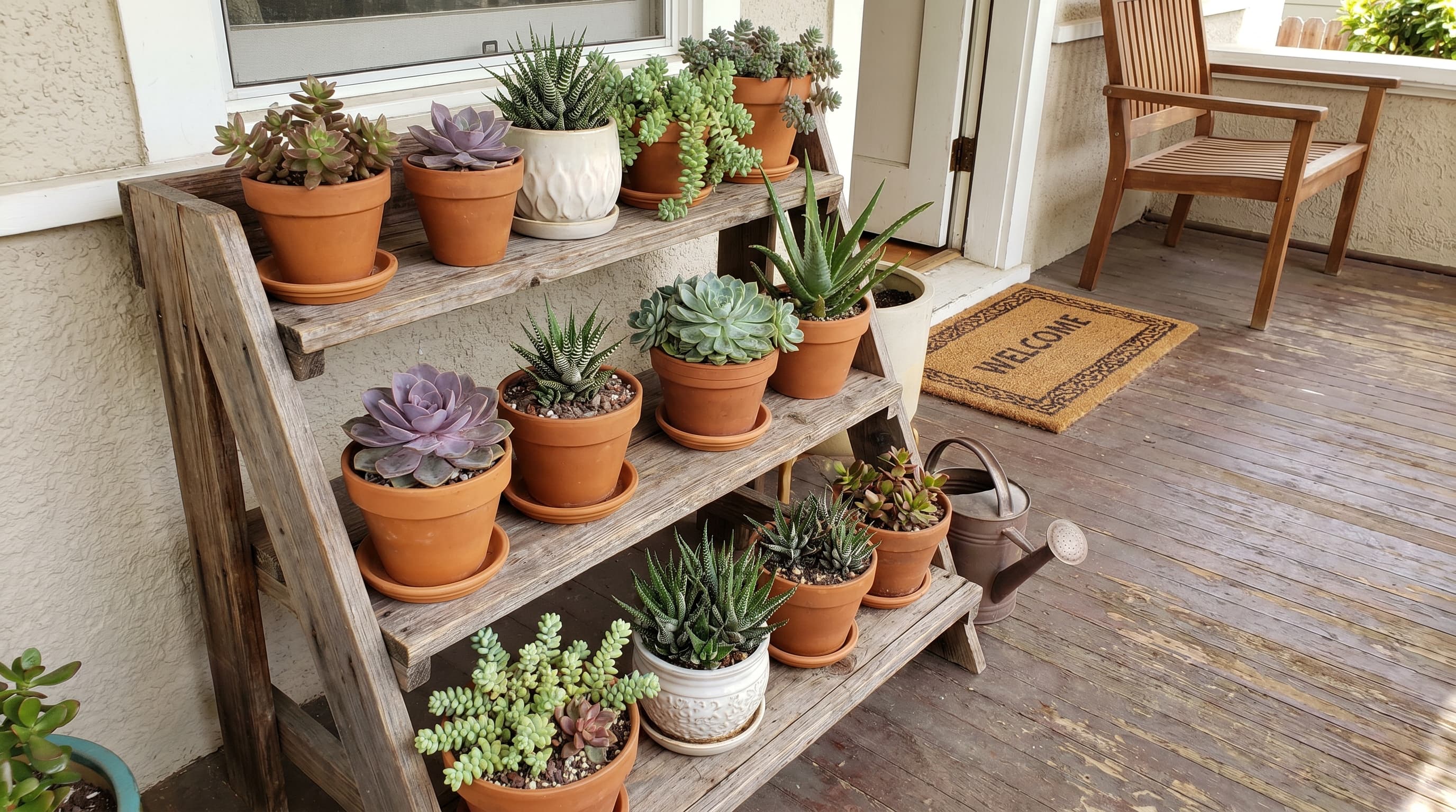 Zero-maintenance front-porch plant ideas featuring a tiered wooden stand holding a variety of succulents in terracotta pots.