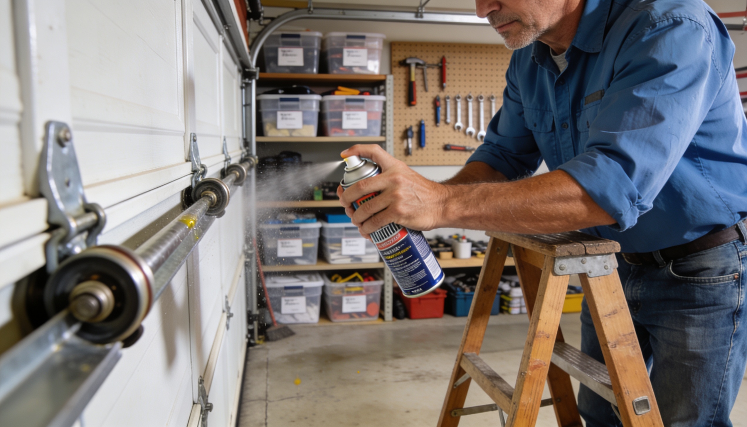 Man lubricating garage door rollers and hinges inside a residential garage.