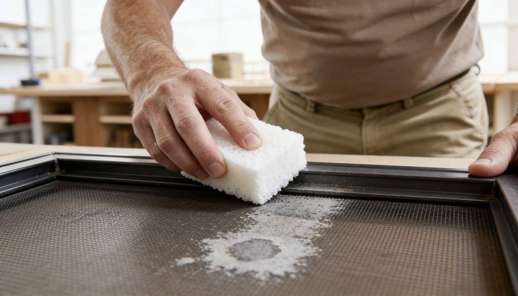 Person scrubbing reusable air filter with sponge and soap during cleaning process.