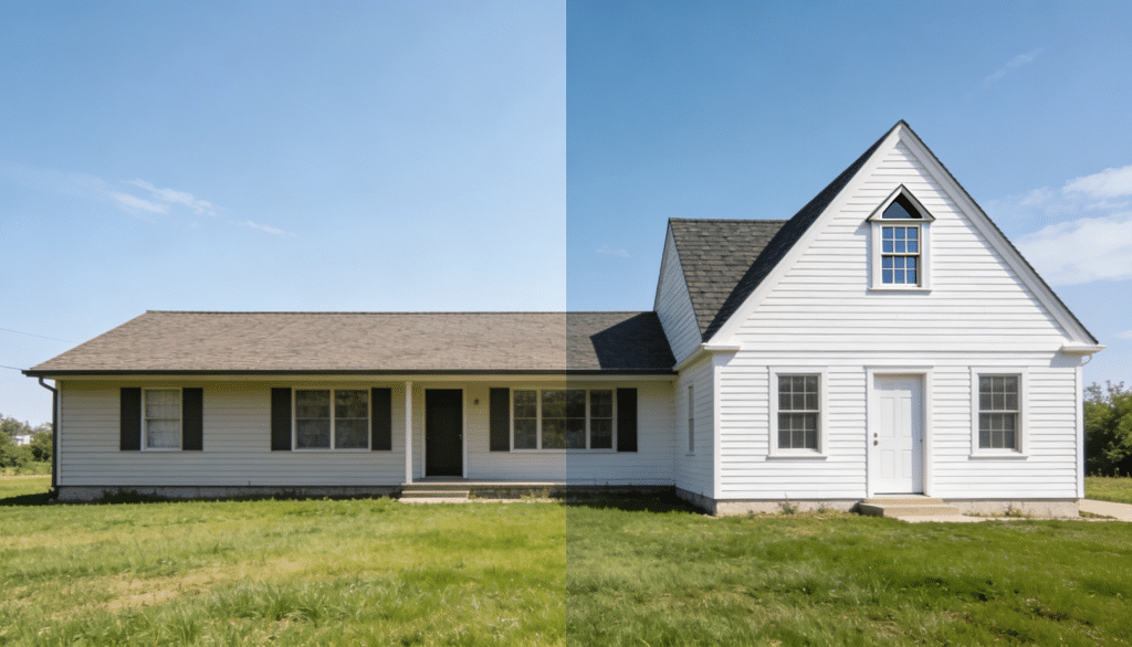 A side-by-side comparison of a single-story olive green ranch house and a two-story white Cape Cod house.