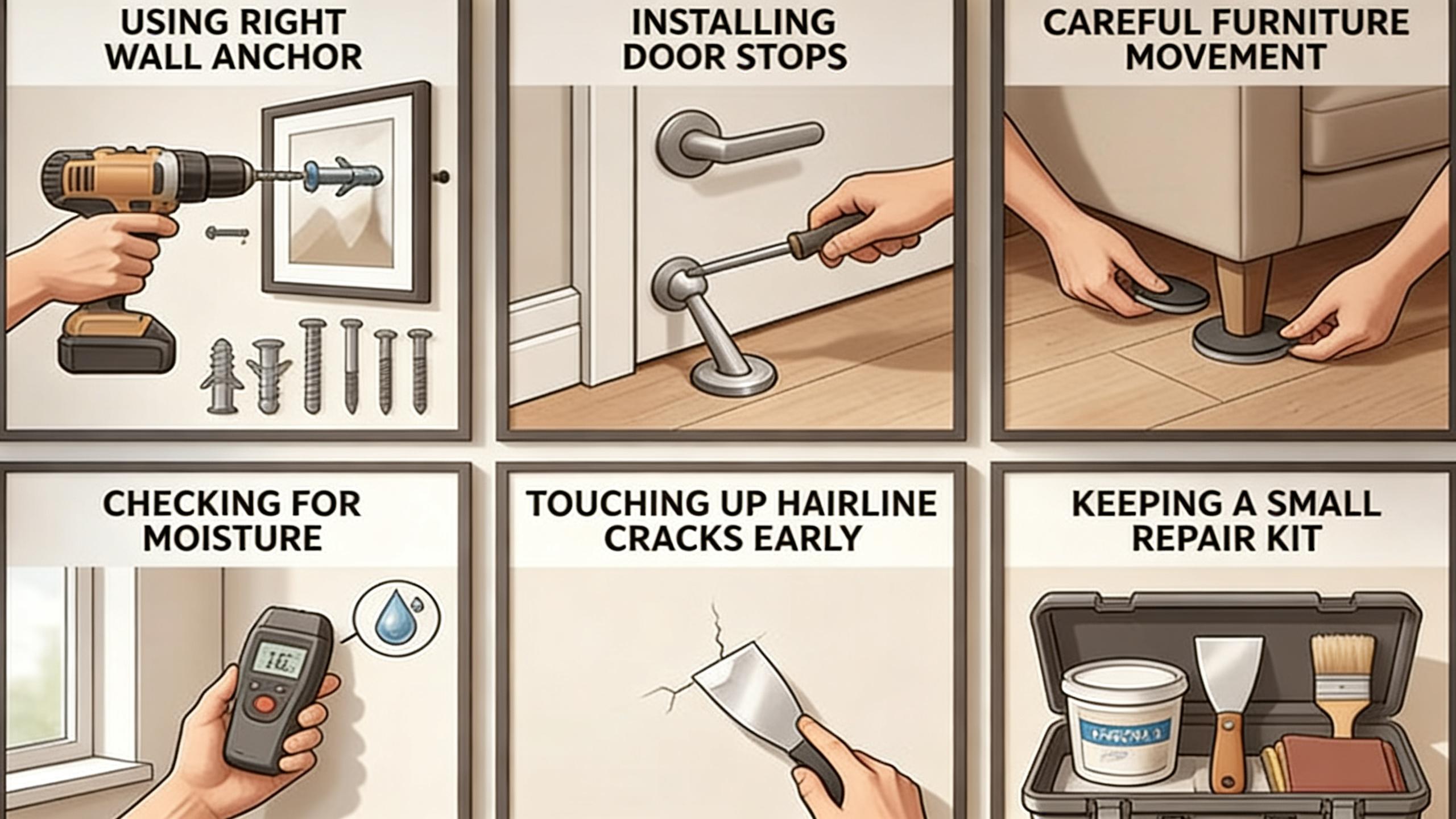 Illustration showing simple habits to prevent drywall holes, including anchors, door stops, careful furniture movement, moisture checks, crack touch-ups, and a small repair kit.