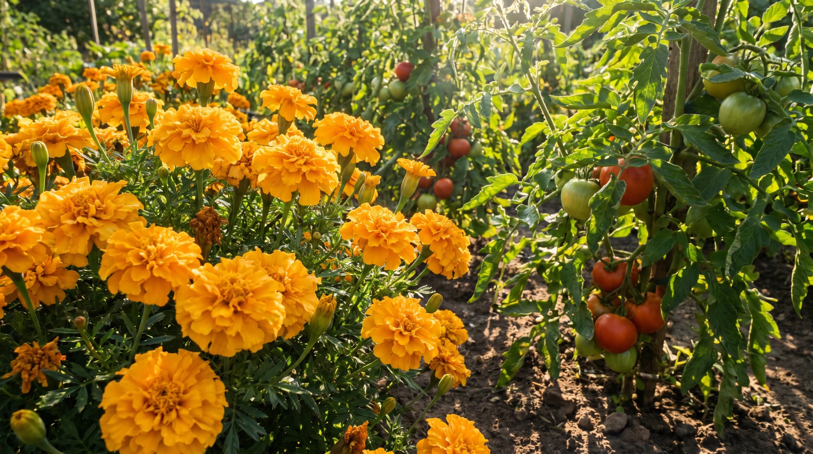 Bright marigolds blooming beside ripening tomatoes in a sunny vegetable garden.