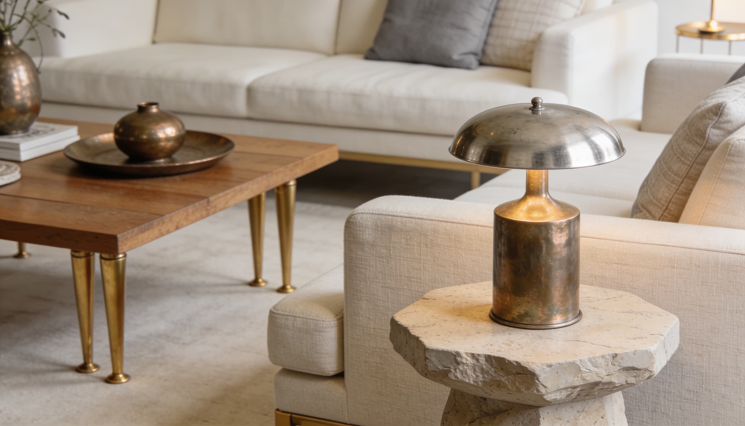 A neutral living room with a cream sofa, a wooden coffee table with brass legs, and a brass table lamp.