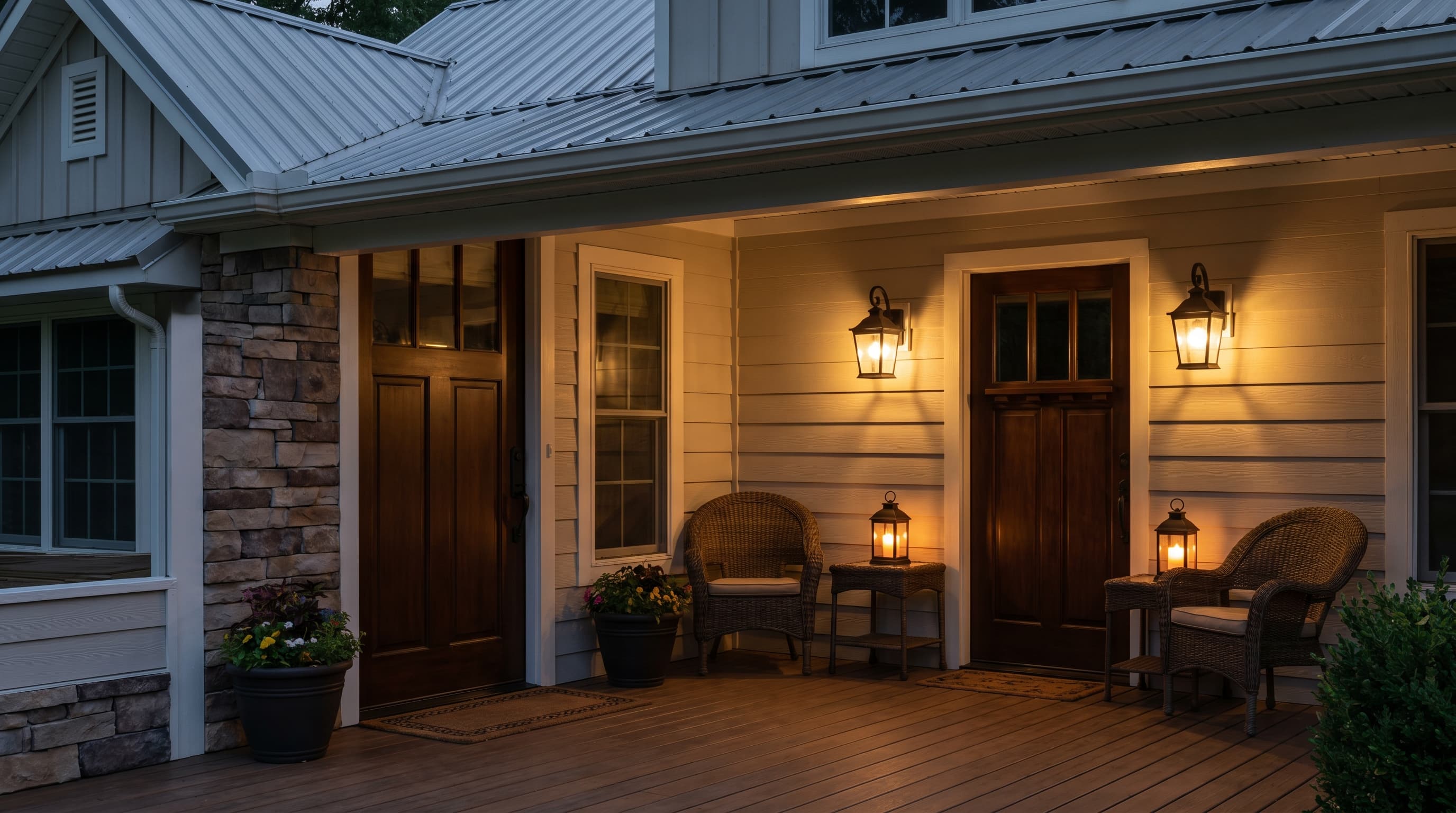 Front porch lighting ideas: a pair of matte black wall sconces on either side of the front door, each with warm bulbs.