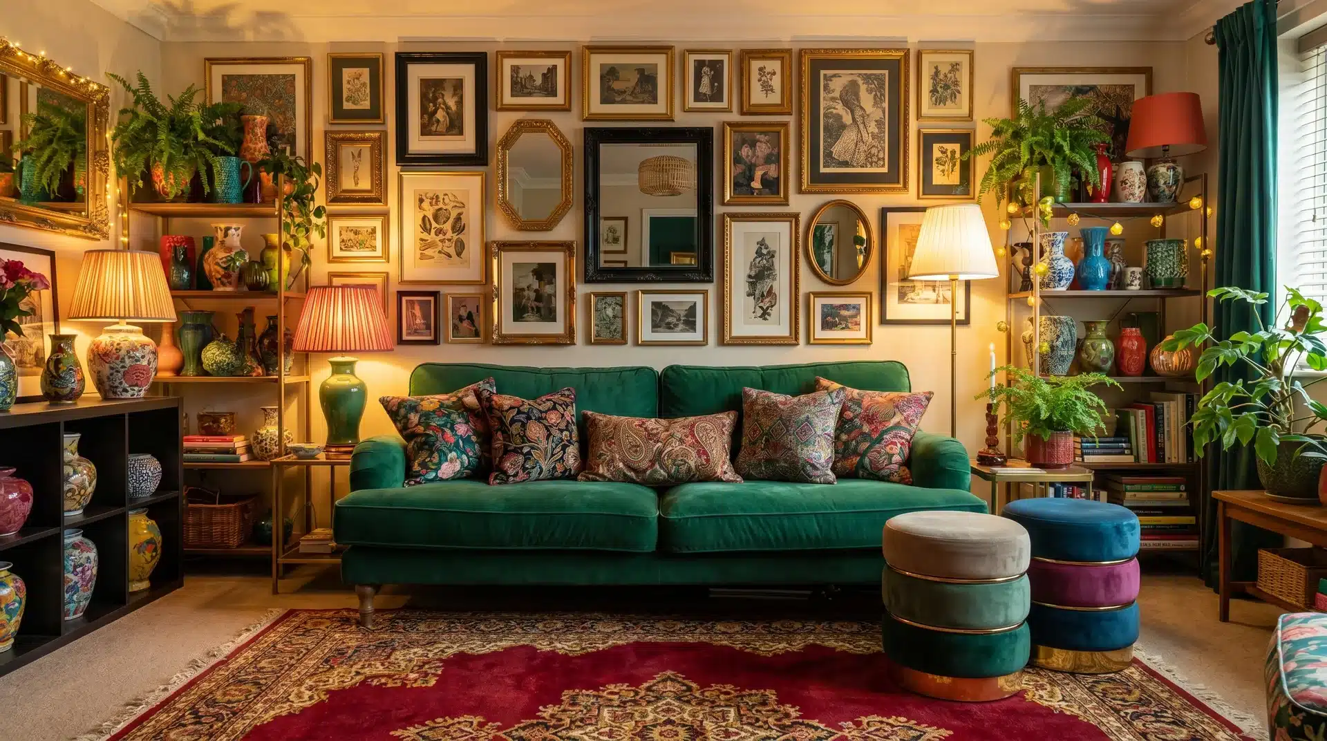 Maximalist living room featuring a green velvet sofa, a dense gallery wall, colorful velvet ottomans, and loaded shelves.