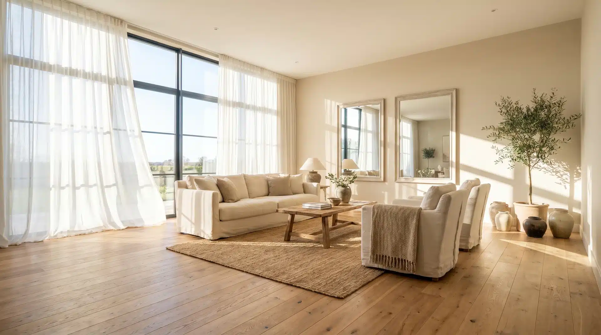 Sunlit, neutral living room with an off-white sofa and armchairs, a large window with sheer curtains, and a light wood floor.