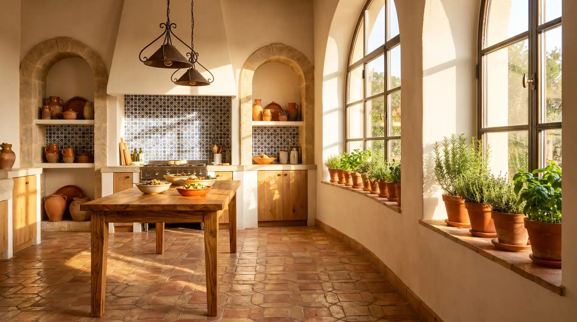 Mediterranean kitchen with terracotta tile floors, arched alcoves, a wooden island, and potted plants by the window.