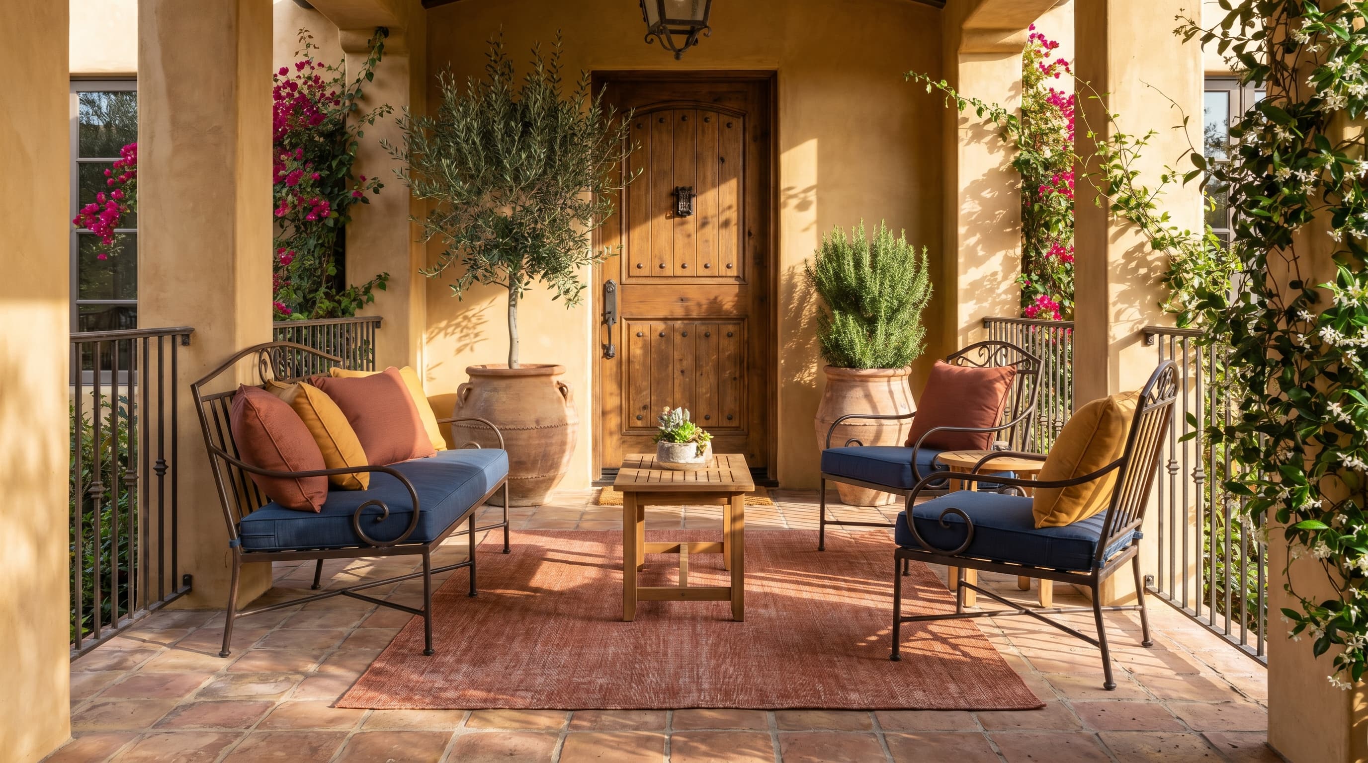 Mediterranean front porch decorating ideas with a terracotta tile floor, wrought iron chairs, olive tree planter.