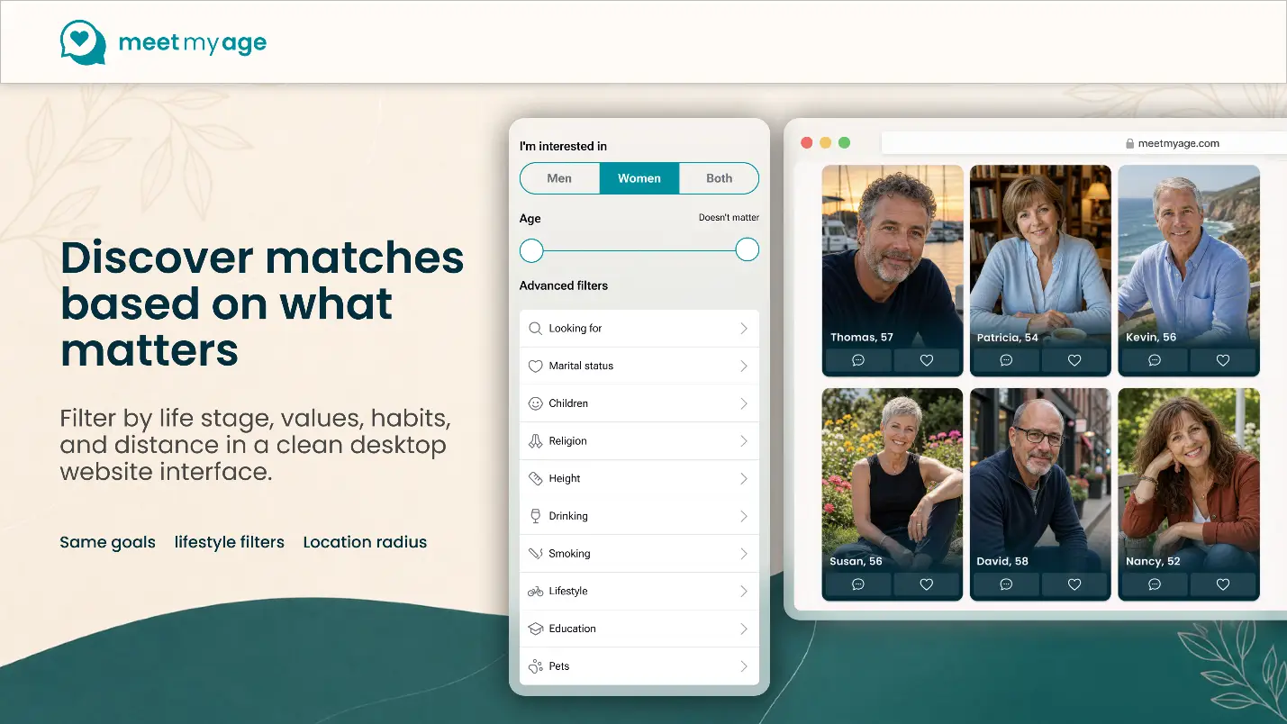 Desktop interface showing mature dating profile pictures and search filter options on a website