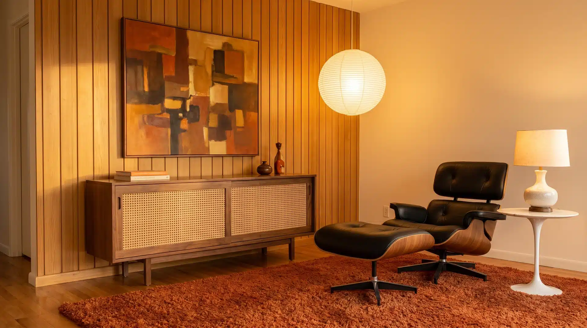Mid-century modern living room with wood paneling, a low credenza, a white tulip side table, and an Eames lounge chair.