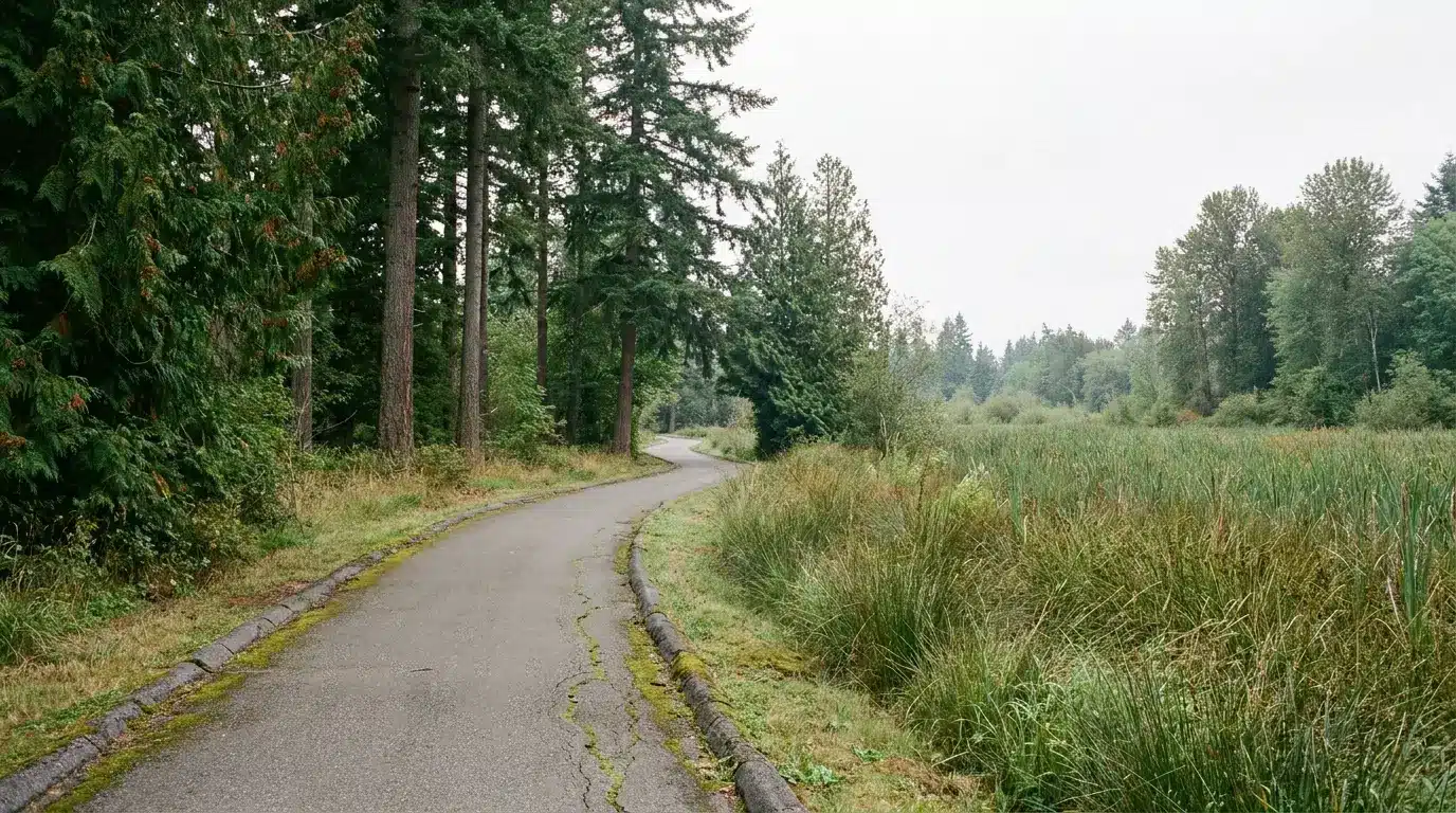 Winding path through lush forest and tall grasses on overcast day