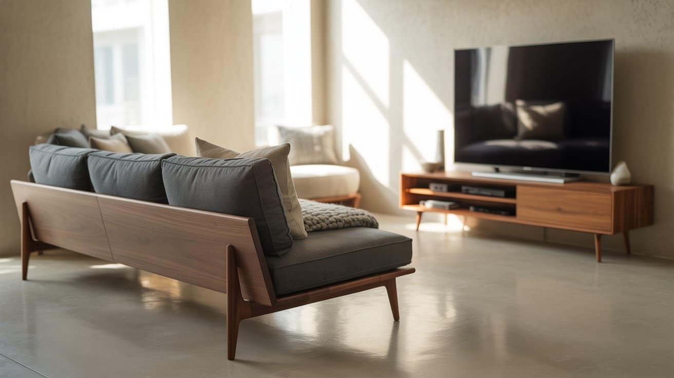 Living room with low-profile sofa, low media console, and wall-mounted TV, open floor space visible, creating a taller, airy, and inviting atmosphere.