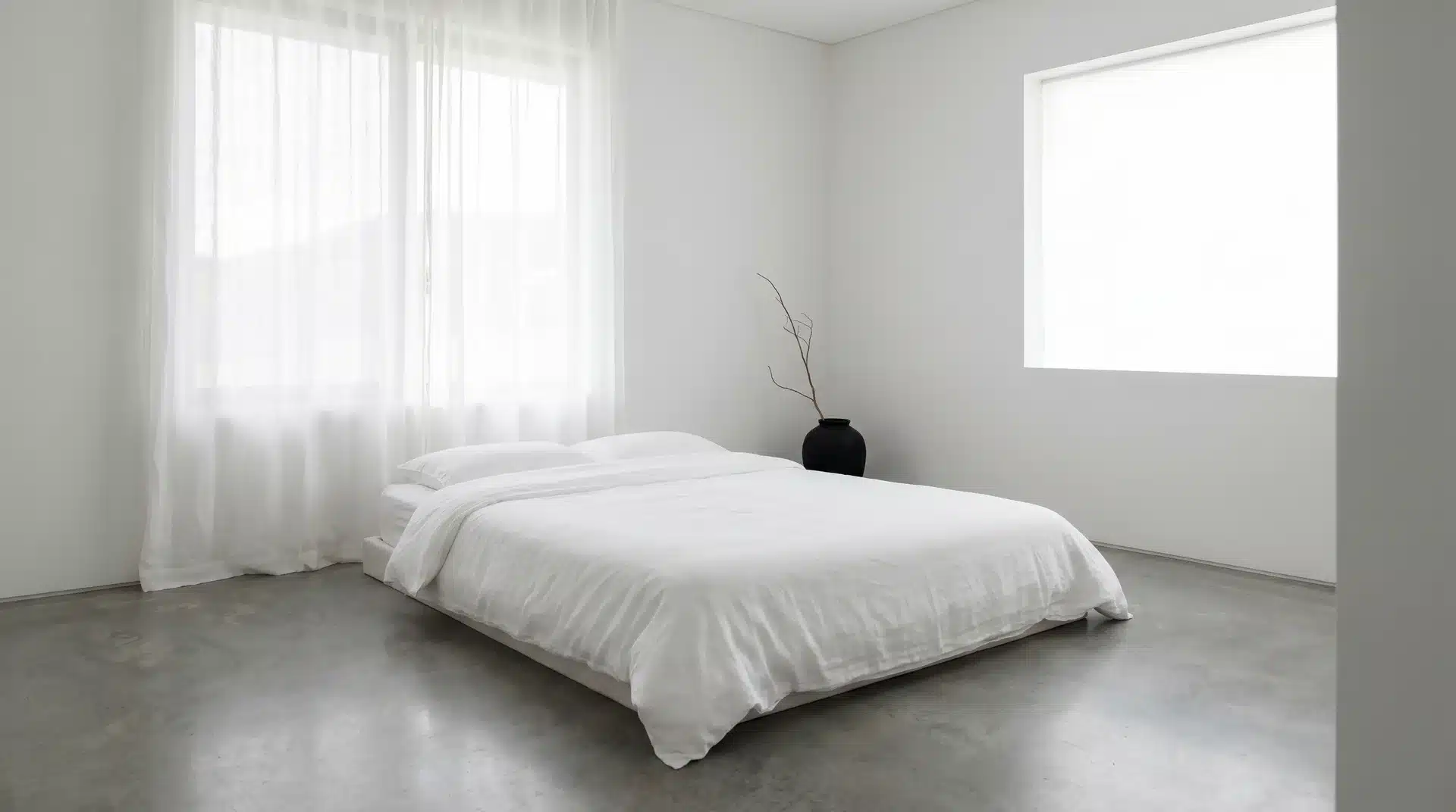 Minimalist bedroom with a low white bed on a concrete floor, sheer curtains, and a single black vase on the floor.