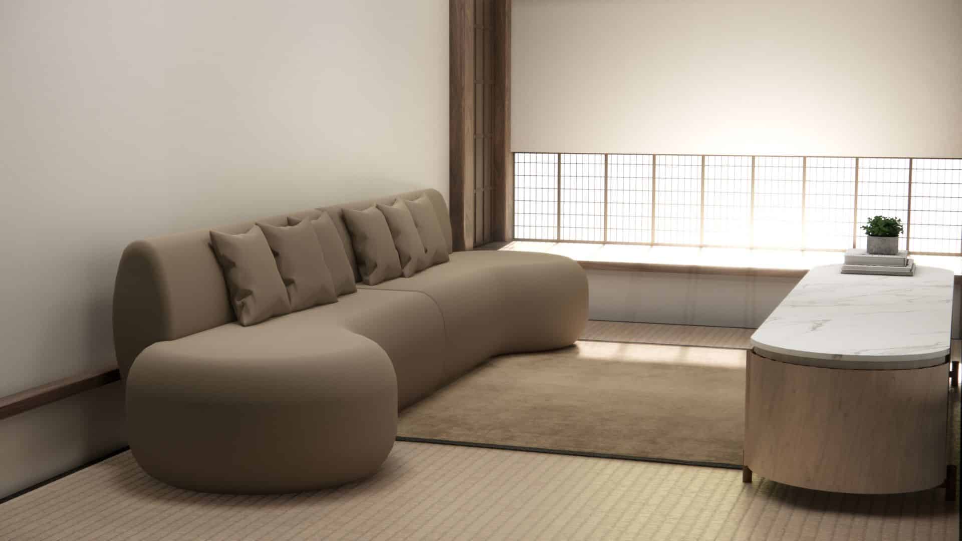 Minimalist living room with neutral fabric couch and cushions, ideal setup showing how to clean fabric couch and maintain a fresh look