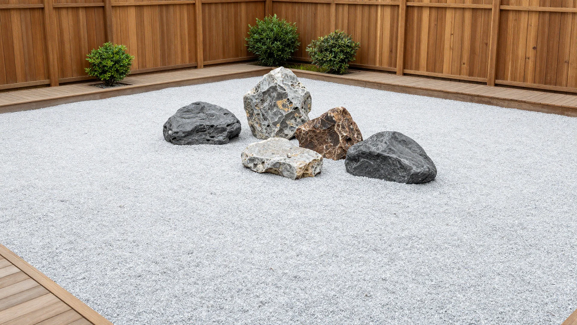 A group of five dark, natural rocks of varying sizes arranged on a bed of finely raked light gray gravel.