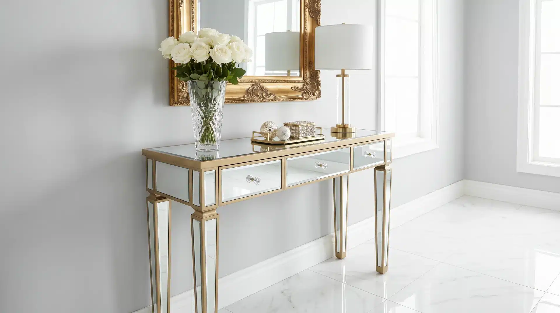 Mirrored console table with a gold frame, styled with white flowers in a vase, two table lamps, and a large gold mirror above.