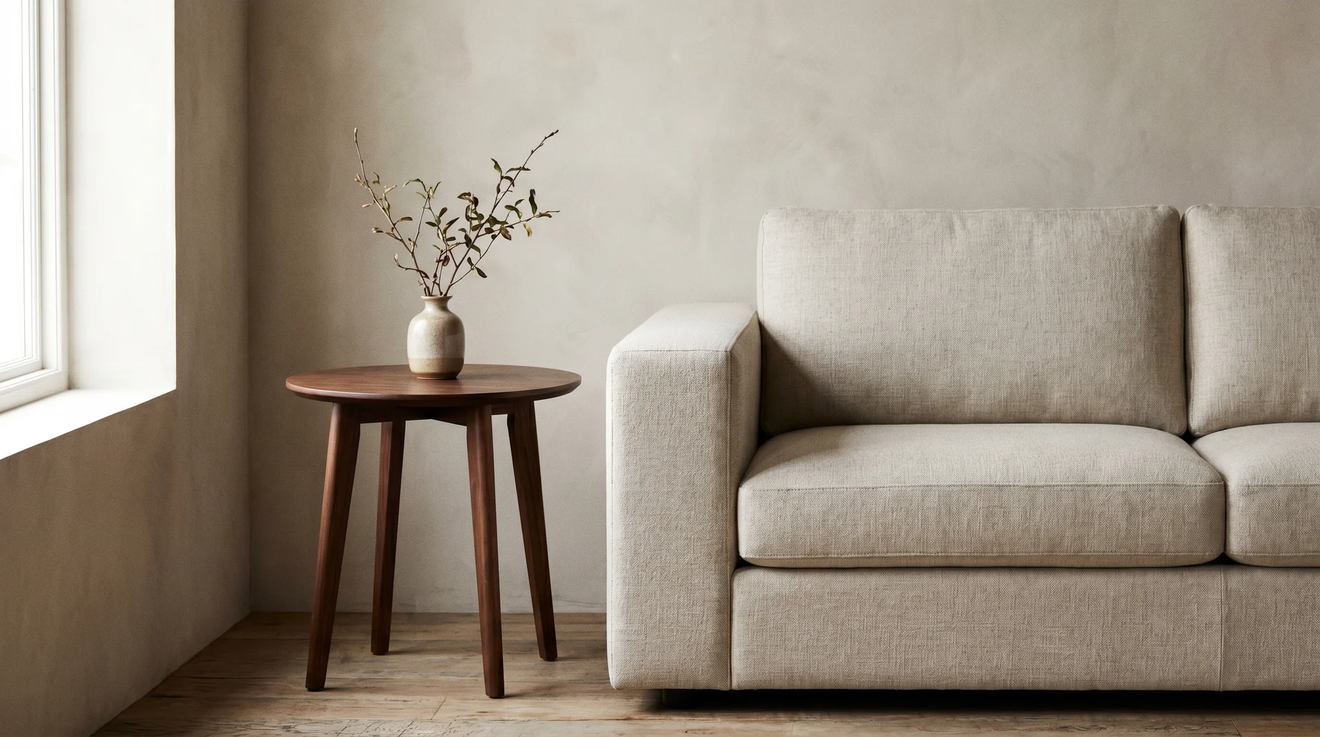 A modern beige sofa next to a classic dark wood side table with a small vase, against a neutral textured wall.