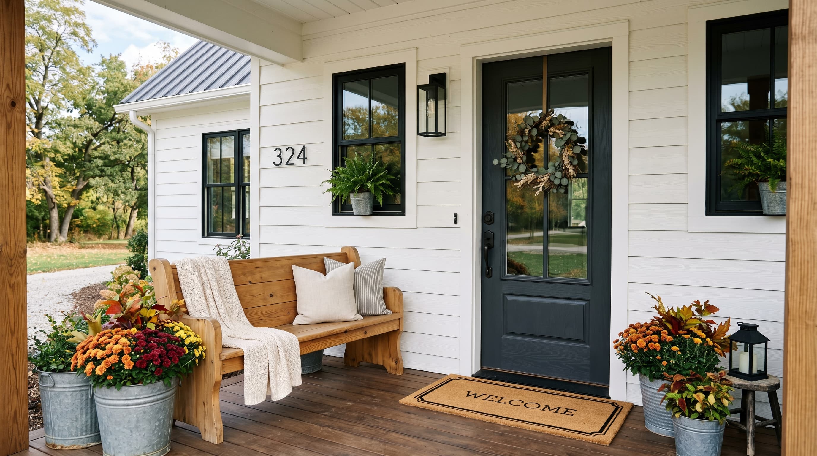 Modern farmhouse front porch decorating ideas with shiplap walls, wooden bench, galvanized planters, and a neutral welcome mat.
