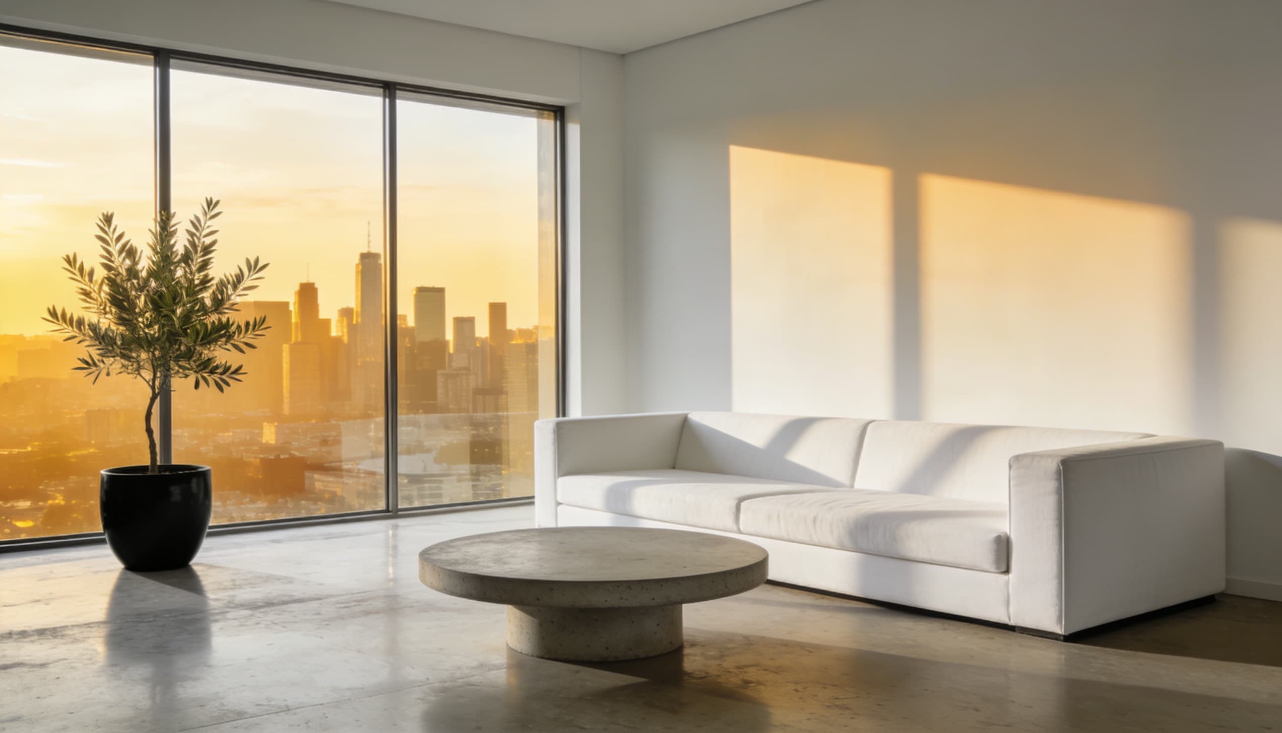 Sleek modern living space with a white sectional, minimalist decor, and natural light from large windows.