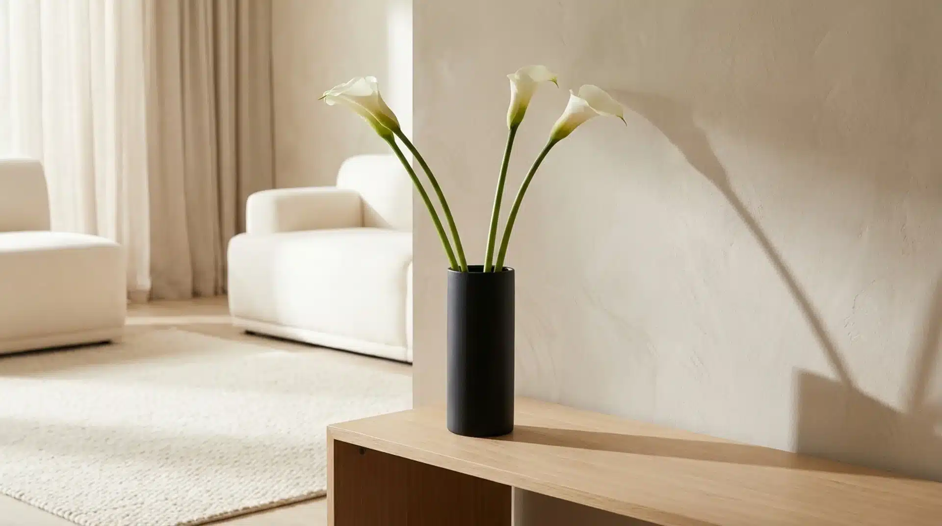 Minimal flower arrangement with white calla lilies in a sleek black vase in a modern room.