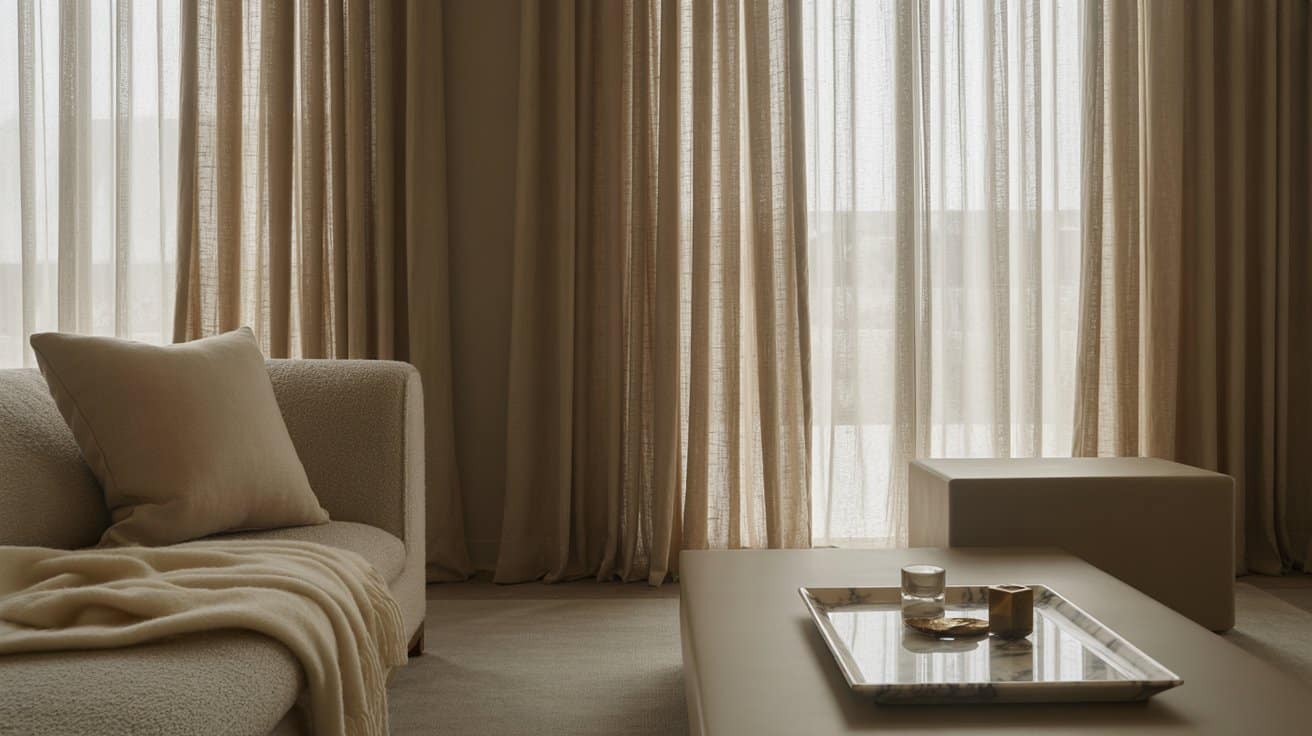 Living room styled in quiet luxury with a cashmere throw, marble tray, linen curtains, and unbranded minimalist furniture, creating a subtly refined and expensive feel.