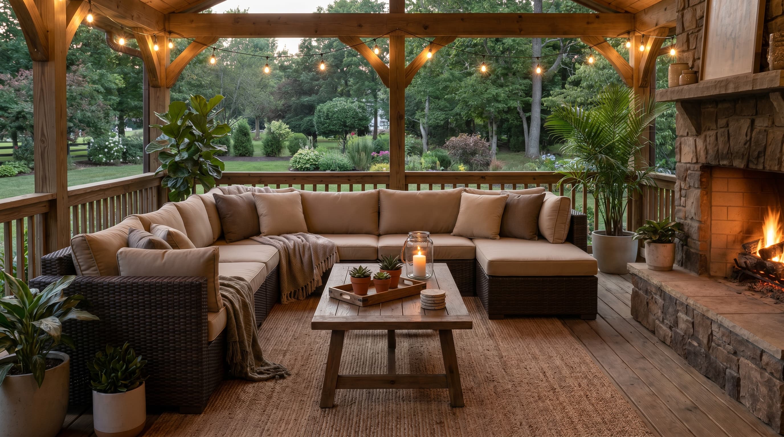Front porch lounge ideas with a modular outdoor sectional, coffee table, weather-resistant cushions, and potted greenery.