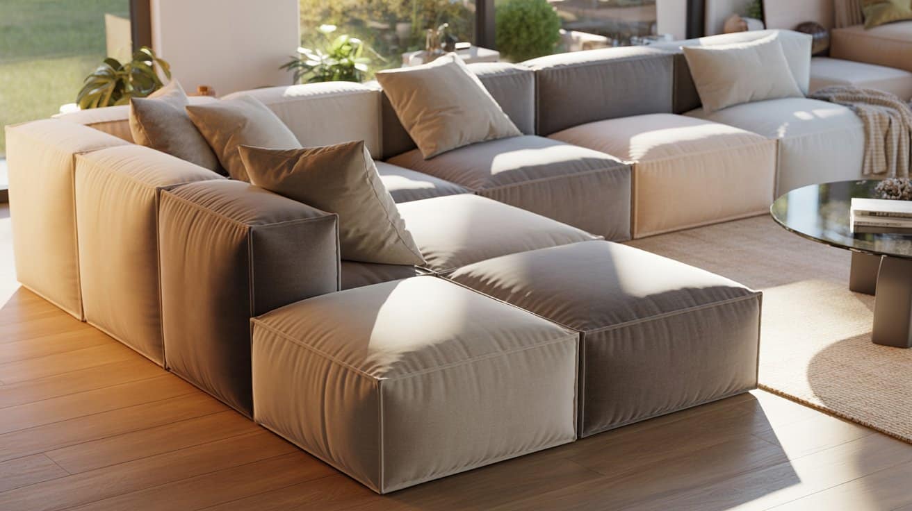 Living room with a modular sectional sofa in neutral tones, showing individual units connected to create a flexible, customizable seating arrangement.