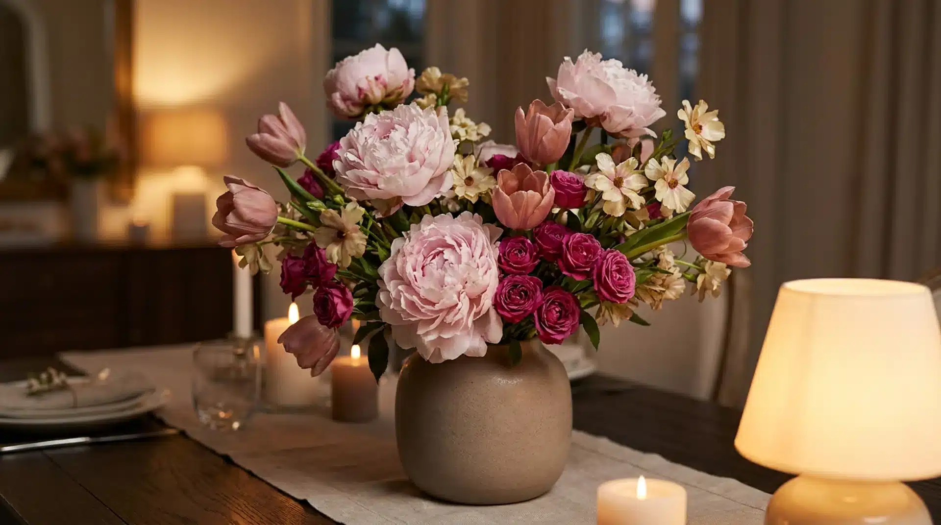 Monochromatic pink flower arrangement with peonies and roses in soft evening dining room lighting.