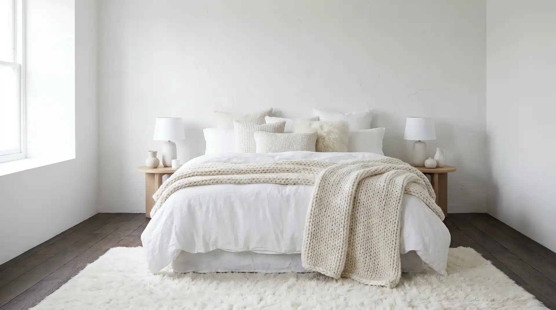 Minimalist white bedroom with a white platform bed, an oversized white knit blanket, and a light wood stool bedside table.
