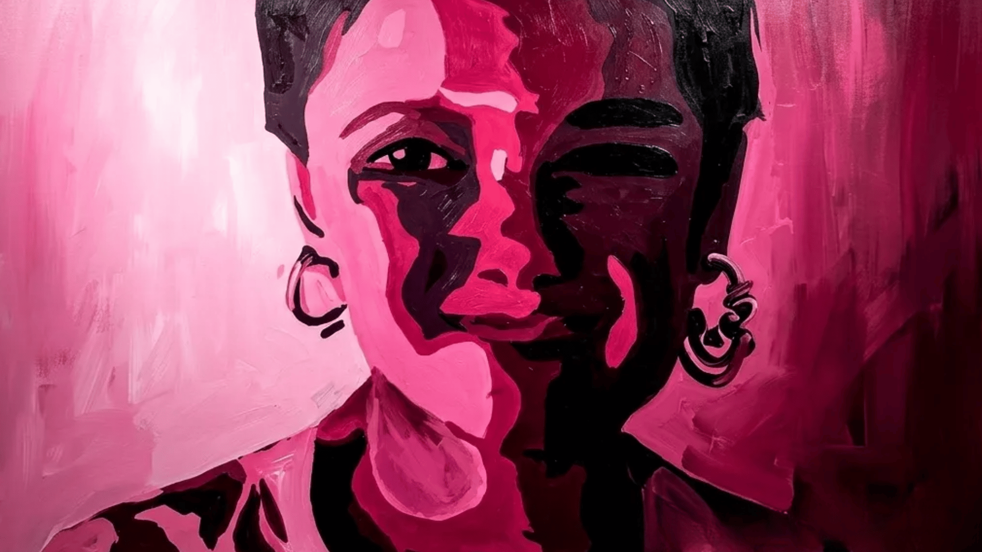 Monochrome pink portrait painting of a smiling child with bold abstract shading.
