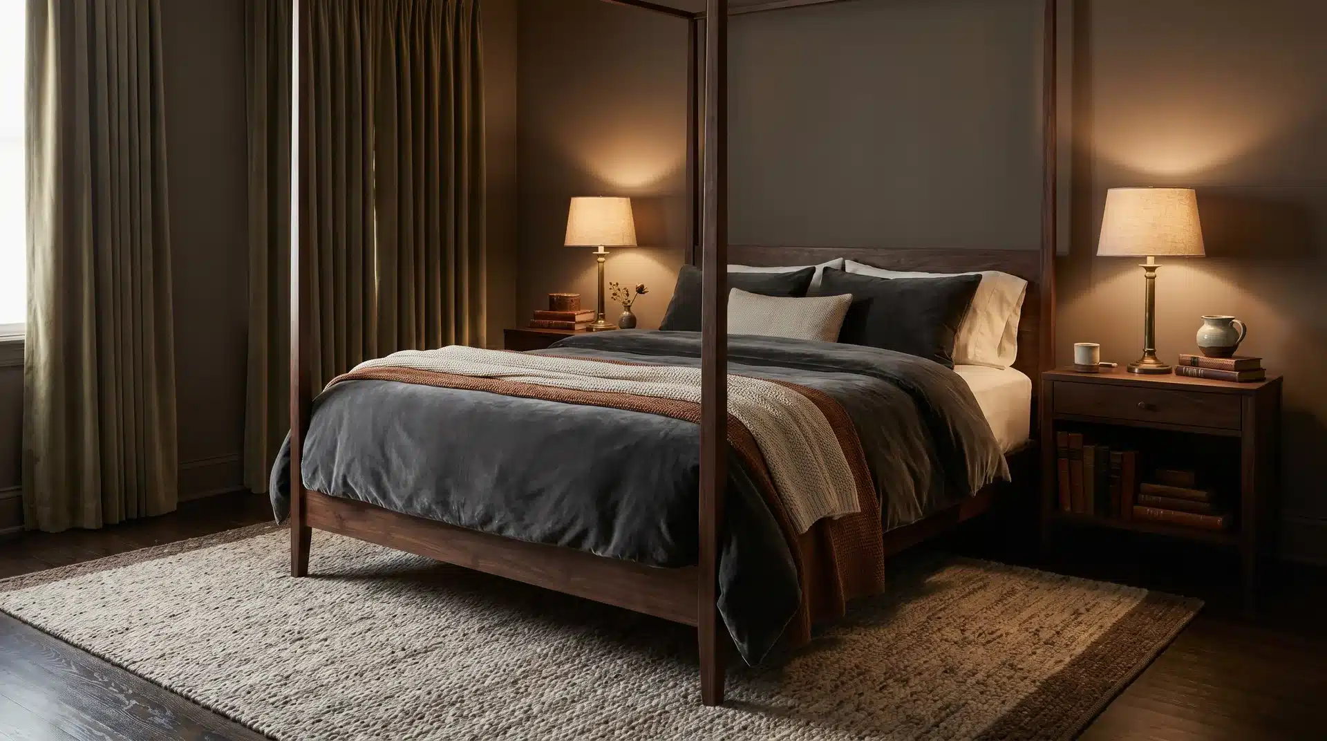 Minimalist white bedroom with a white platform bed, an oversized white knit blanket, and a light wood stool bedside table.