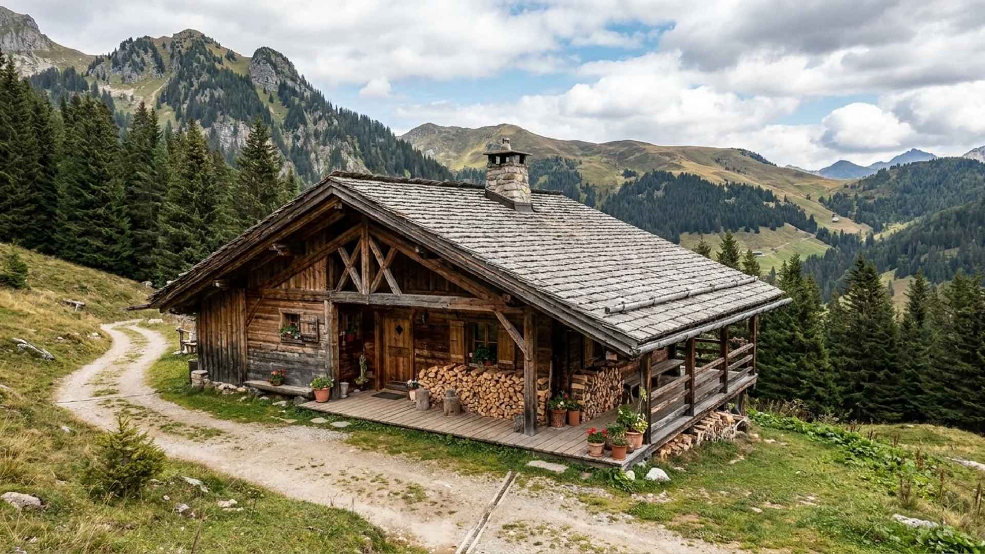 Rustic Alpine chalet with timber porch, surrounded by trees and mountains.