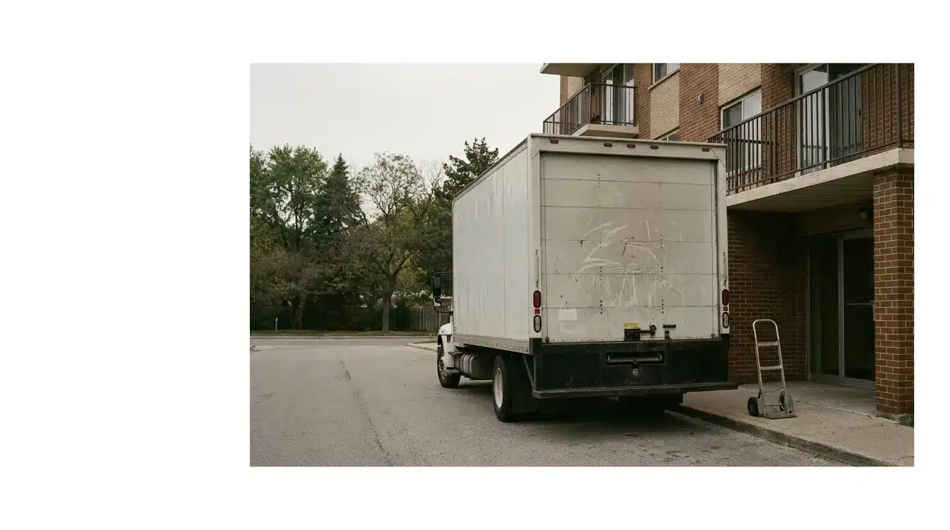 White delivery truck parked outside brick apartment building with hand truck nearby